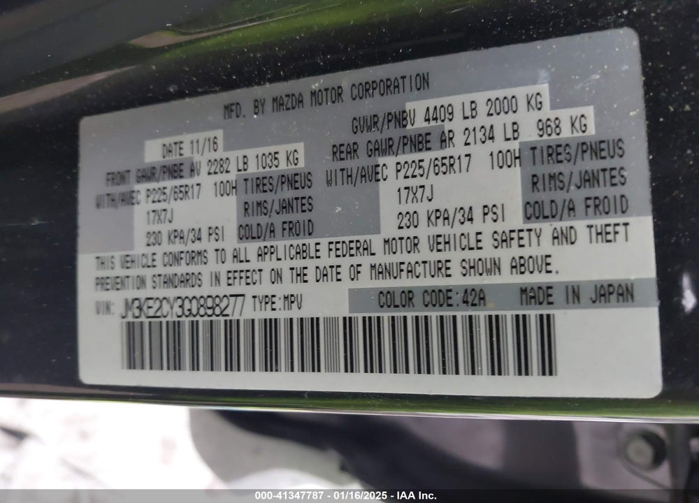 2016 MAZDA CX-5 TOURING VIN: JM3KE2CY3G0898277