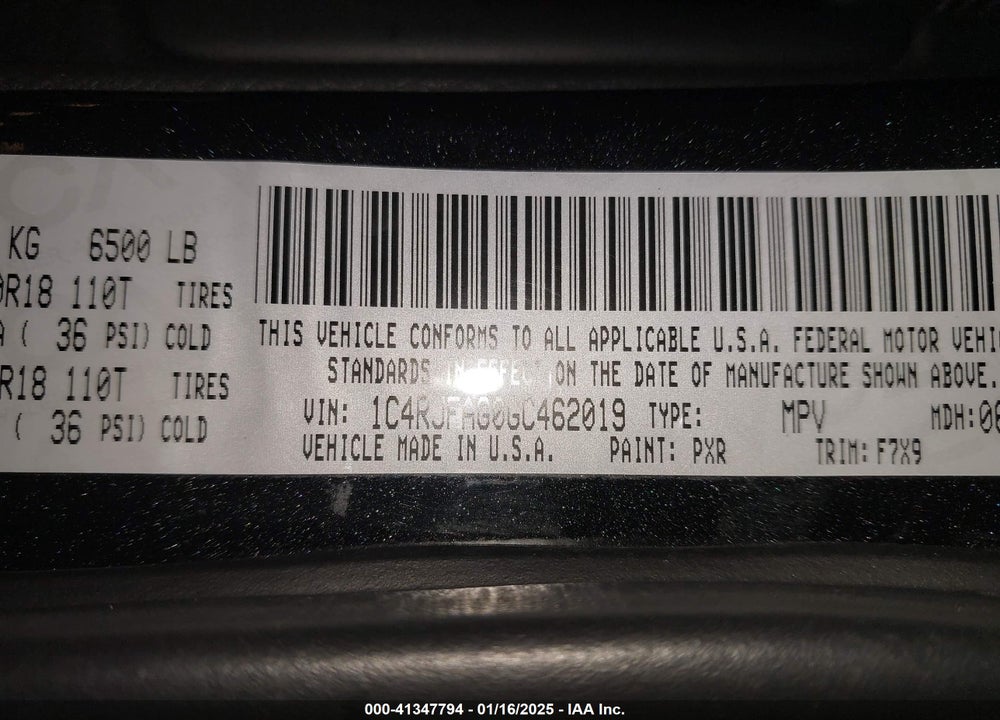 2016 JEEP GRAND CHEROKEE LAREDO VIN: 1C4RJFAG0GC462019
