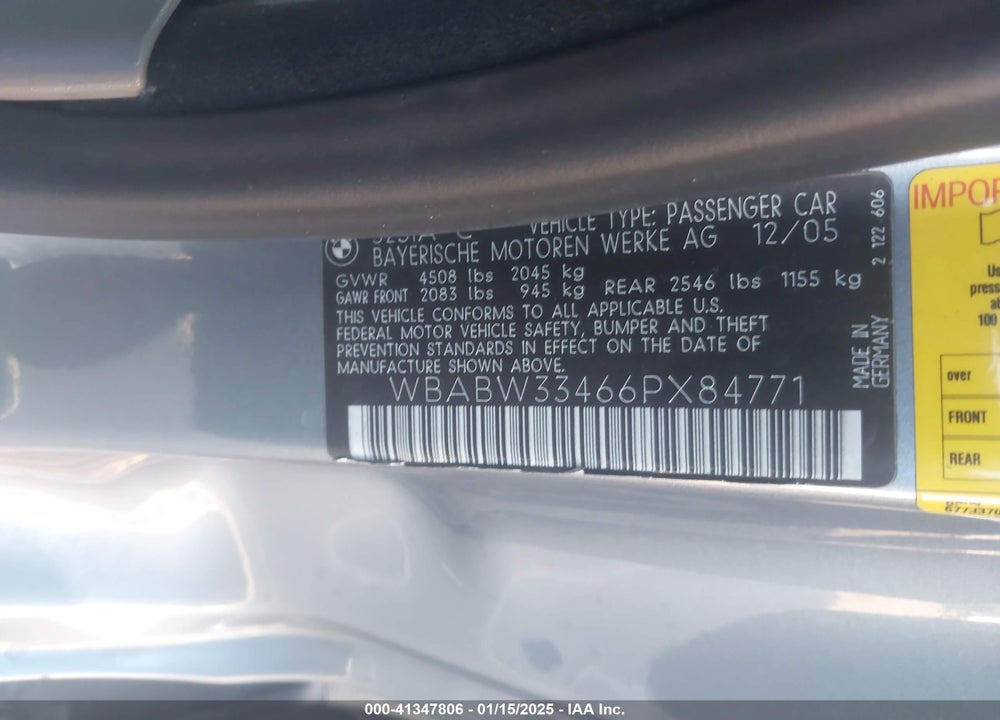 2006 BMW 325CI VIN: WBABW33466PX84771
