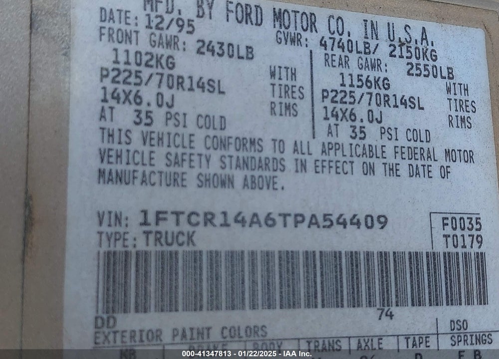 1996 FORD RANGER SUPER CAB VIN: 1FTCR14A6TPA54409