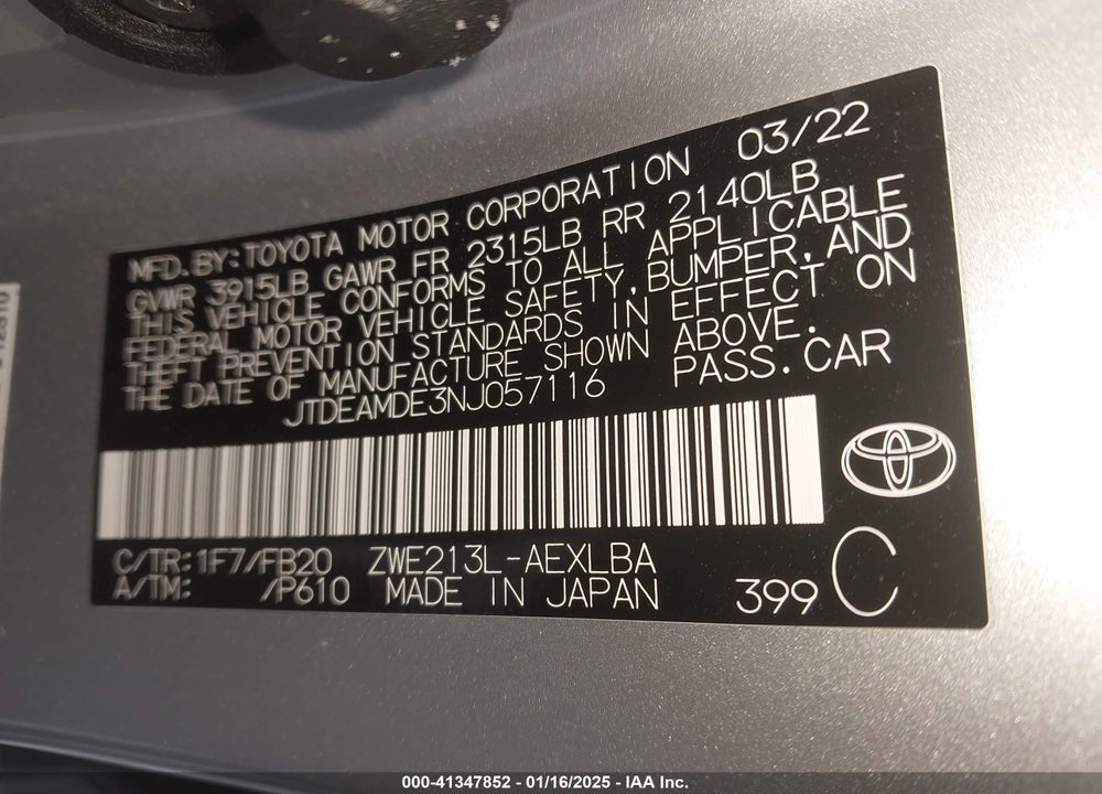 2022 TOYOTA COROLLA VIN: JTDEAMDE3NJ057116