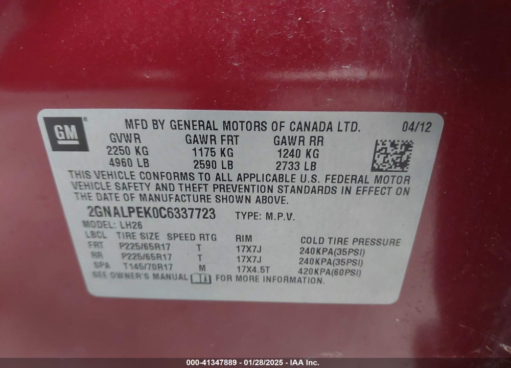 2012 CHEVROLET EQUINOX 2LT VIN: 2GNALPEK0C6337723