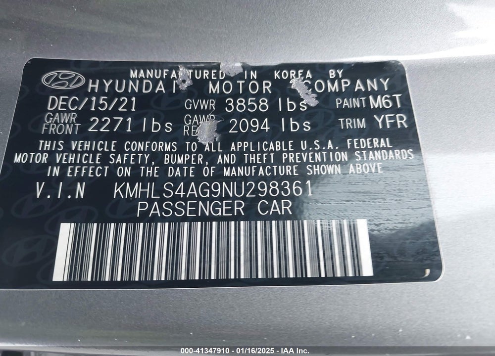 2022 HYUNDAI ELANTRA VIN: KMHLS4AG9NU298361