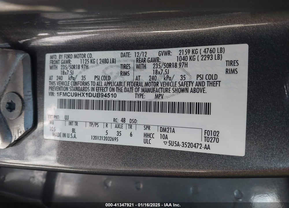 2013 FORD ESCAPE SEL VIN: 1FMCU9HX1DUB94510