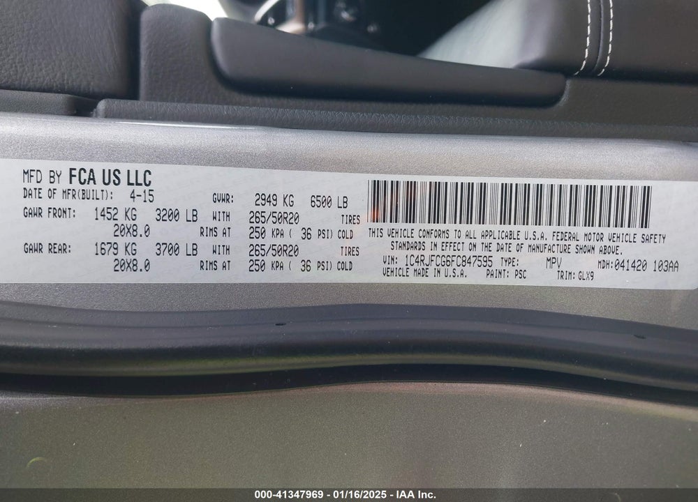 2015 JEEP GRAND CHEROKEE OVERLAND VIN: 1C4RJFCG6FC847595