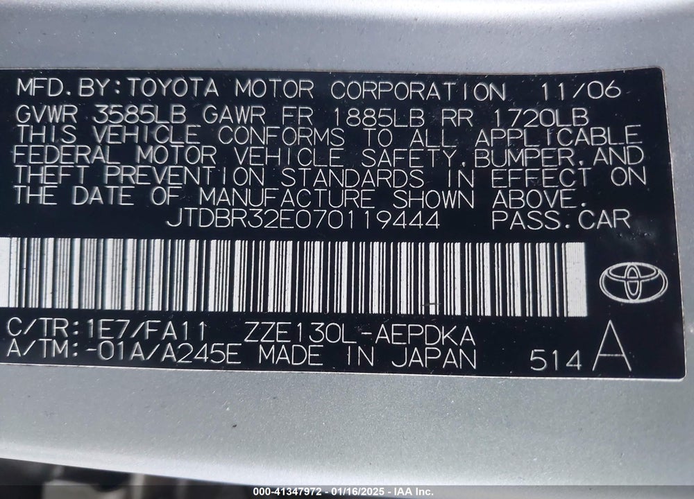 2007 TOYOTA COROLLA VIN: JTDBR32E070119444