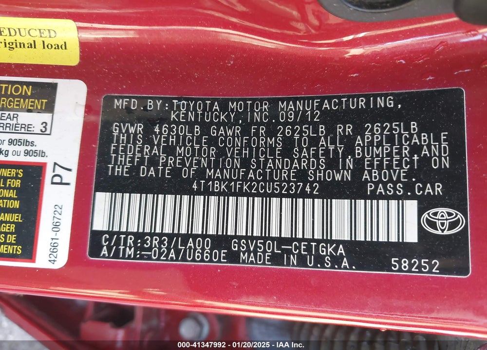 2012 TOYOTA CAMRY XLE V6 VIN: 4T1BK1FK2CU523742