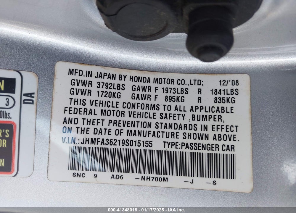 2009 HONDA CIVIC VIN: JHMFA36219S015155