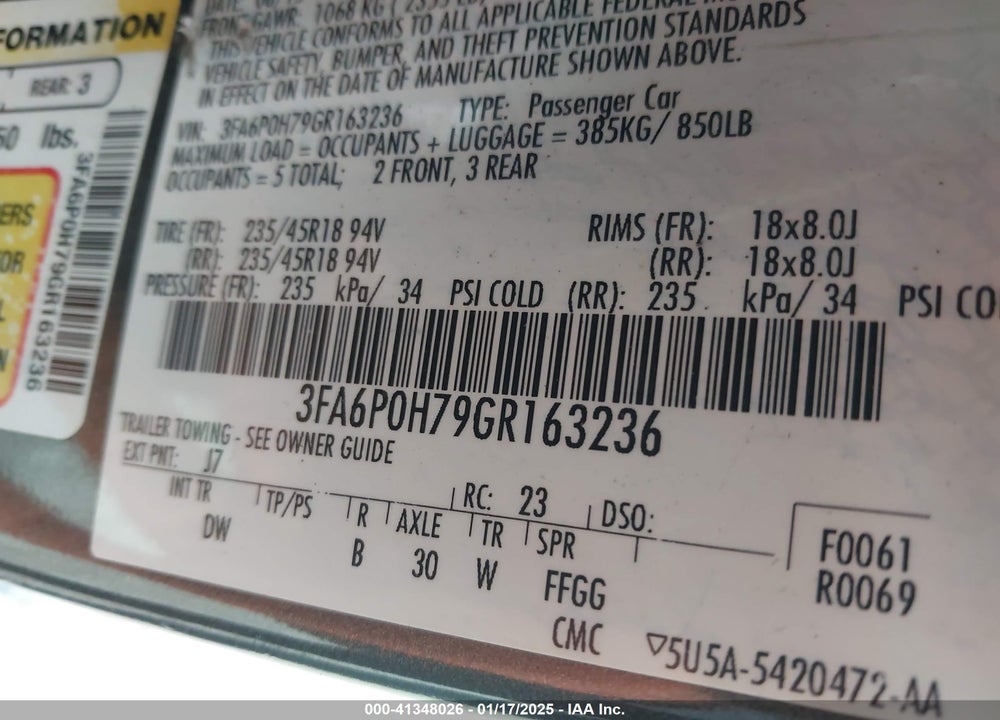 2016 FORD FUSION VIN: 3FA6P0H79GR163236