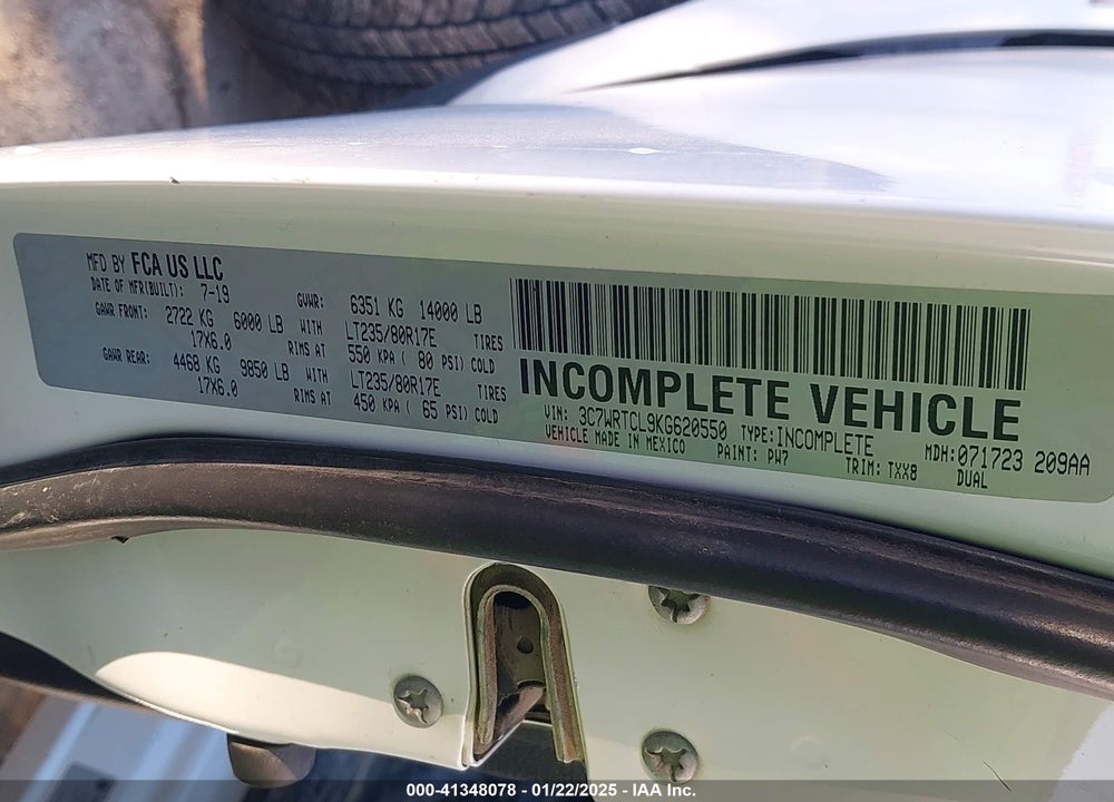 2019 RAM 3500 CHASSIS TRADESMAN/SLT/LAIE/LIMITED VIN: 3C7WRTCL9KG620550