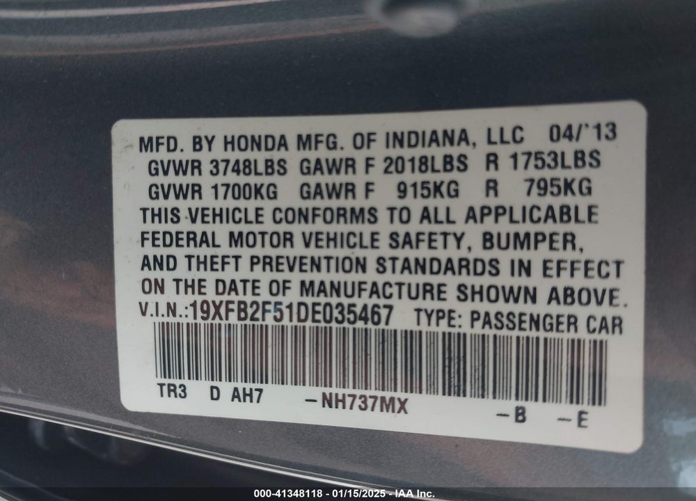 2013 HONDA CIVIC LX VIN: 19XFB2F51DE035467