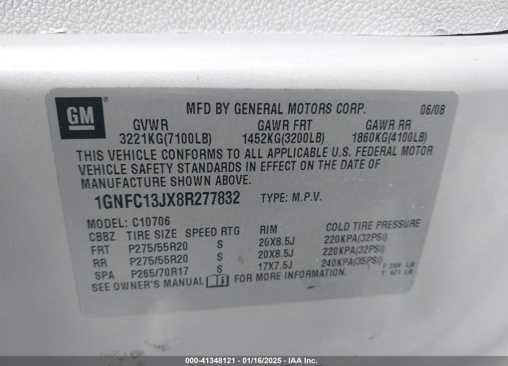 2008 CHEVROLET TAHOE LTZ VIN: 1GNFC13JX8R277832