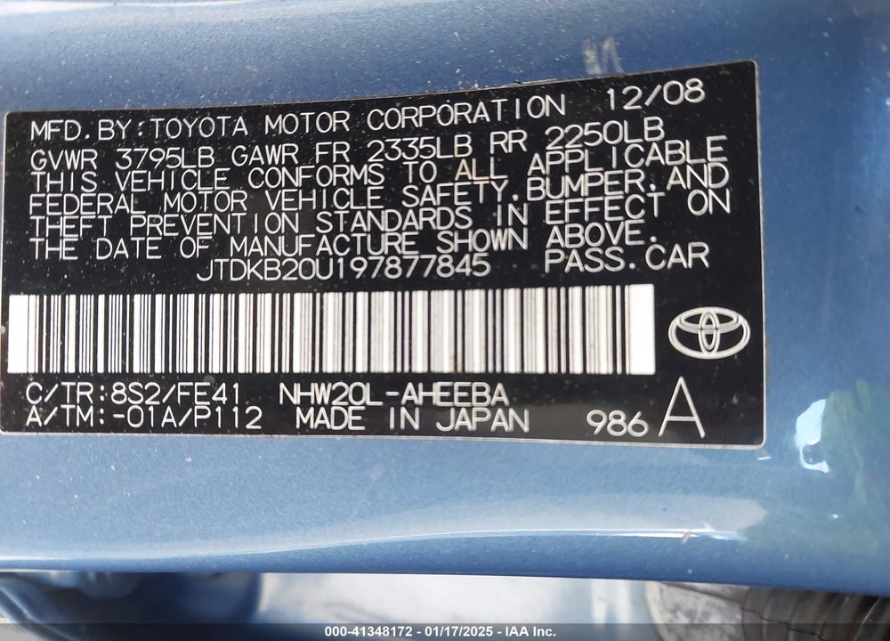 2009 TOYOTA PRIUS VIN: JTDKB20U197877845