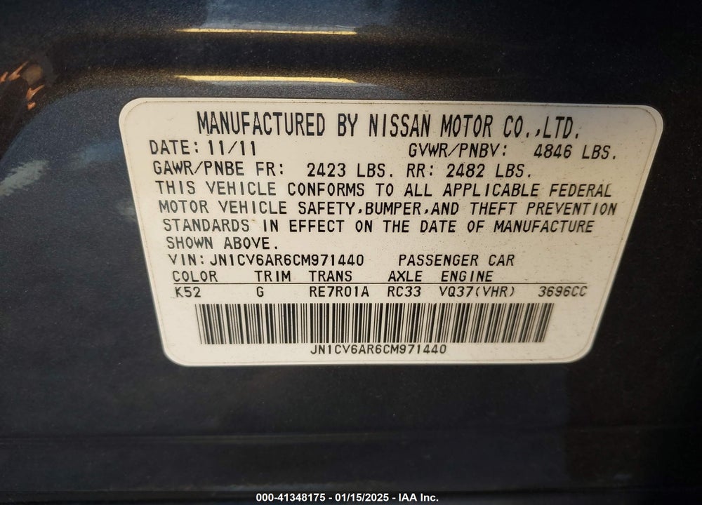 2012 INFINITI G37 VIN: JN1CV6AR6CM971440