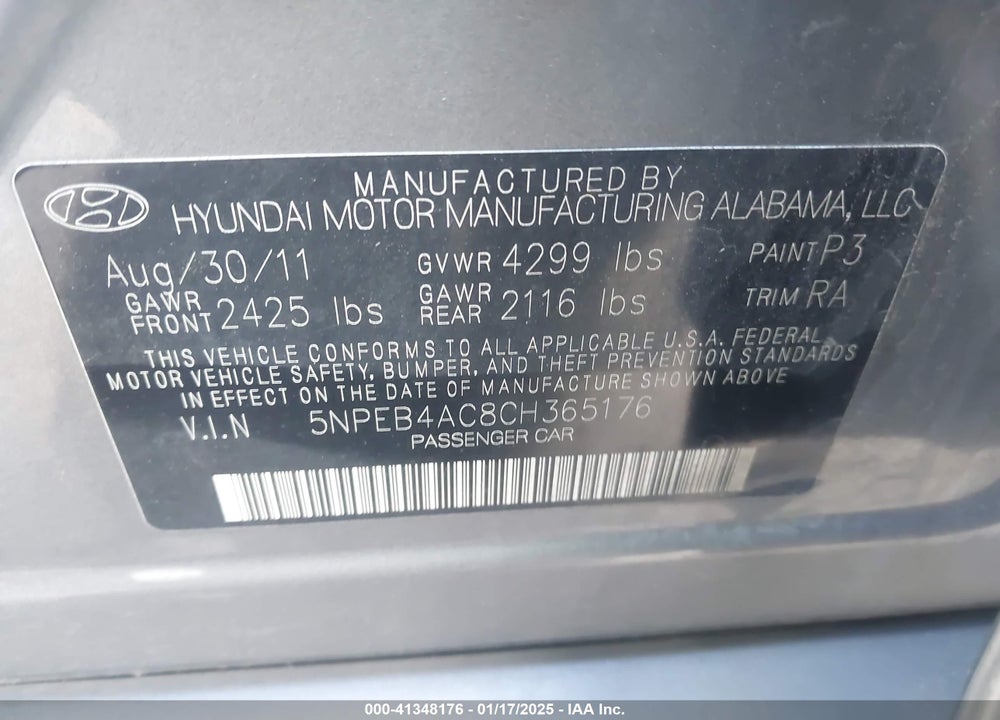 2012 HYUNDAI SONATA VIN: 5NPEB4AC8CH365176