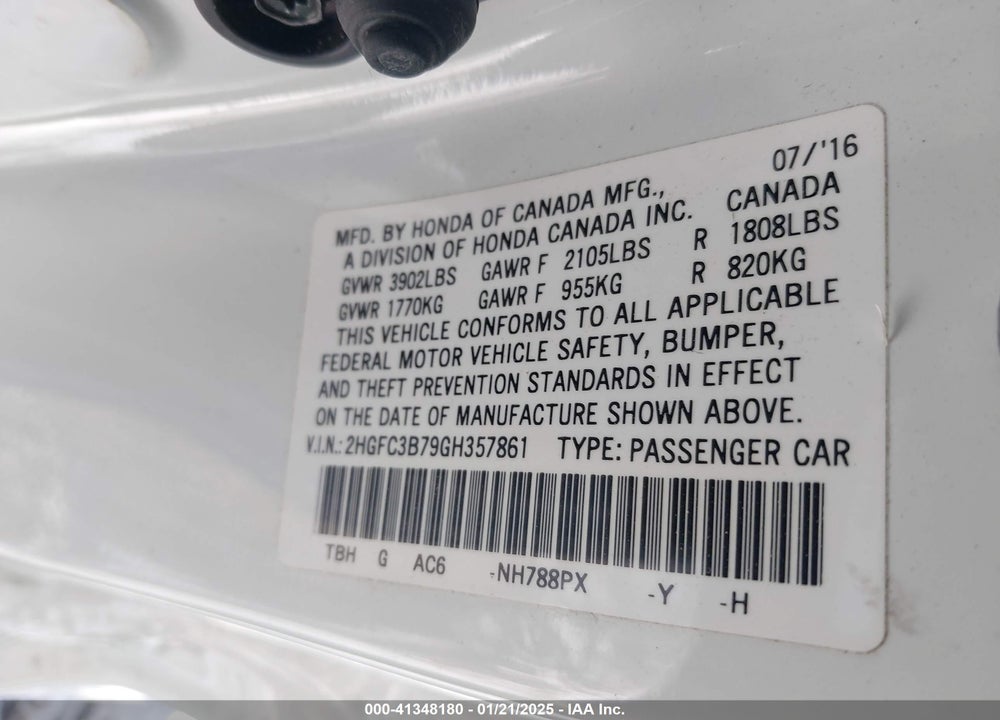2016 HONDA CIVIC VIN: 2HGFC3B79GH357861