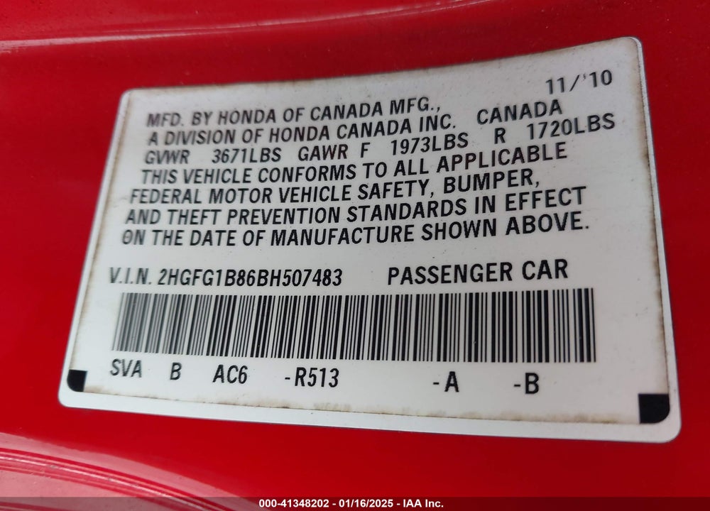 2011 HONDA CIVIC EX VIN: 2HGFG1B86BH507483