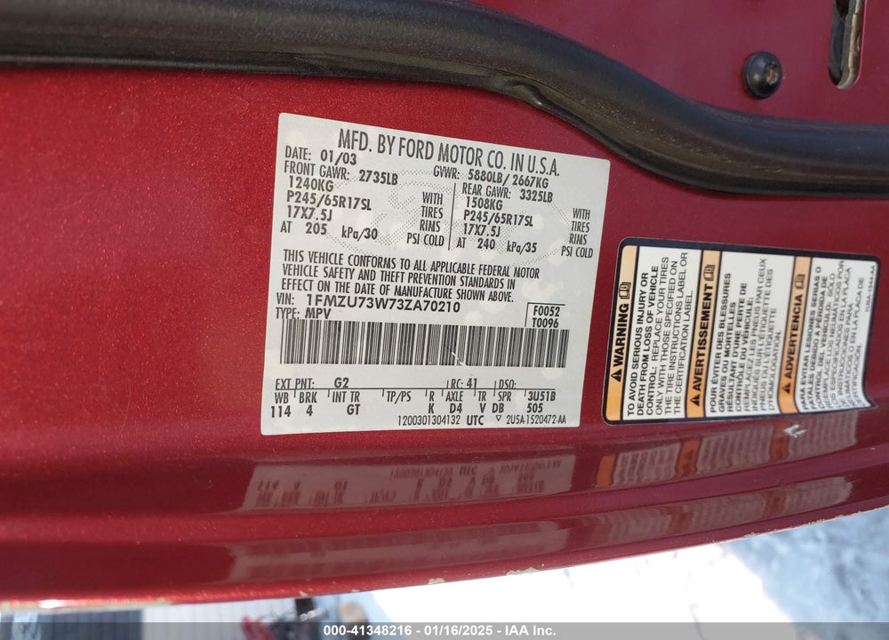 2003 FORD EXPLORER NBX/XLT VIN: 1FMZU73W73ZA70210