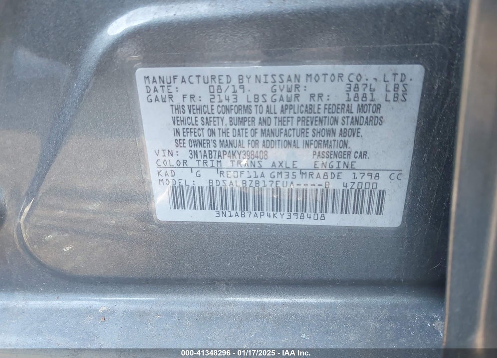 2019 NISSAN SENTRA VIN: 3N1AB7AP4KY398408
