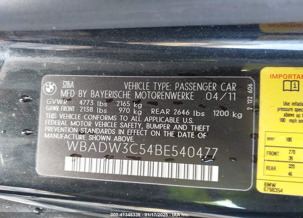 2011 BMW 328I VIN: WBADW3C54BE540477