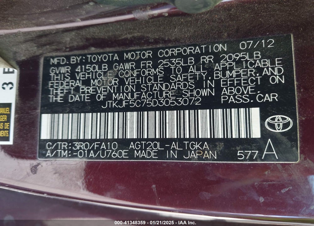 2013 TOYOTA SCION TC VIN: JTKJF5C75D3053072