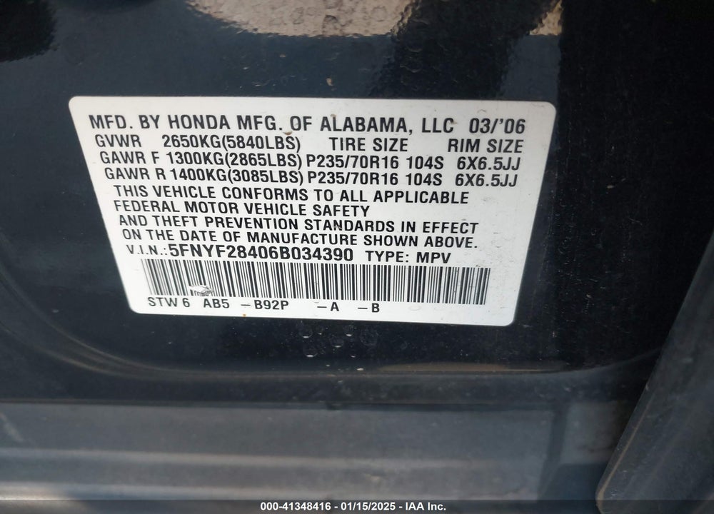 2006 HONDA PILOT EX VIN: 5FNYF28406B034390