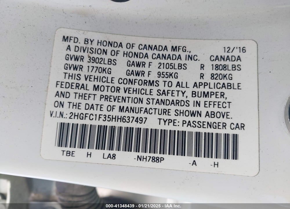 2017 HONDA CIVIC VIN: 2HGFC1F35HH637497
