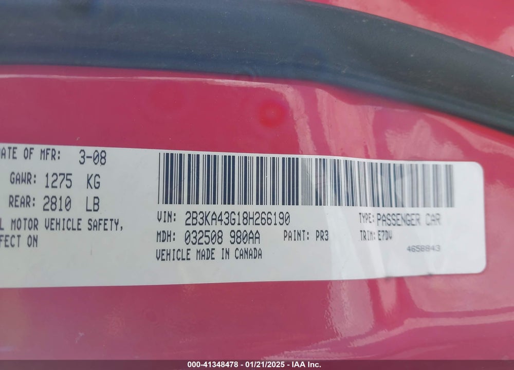 2008 DODGE CHARGER VIN: 2B3KA43G18H266190