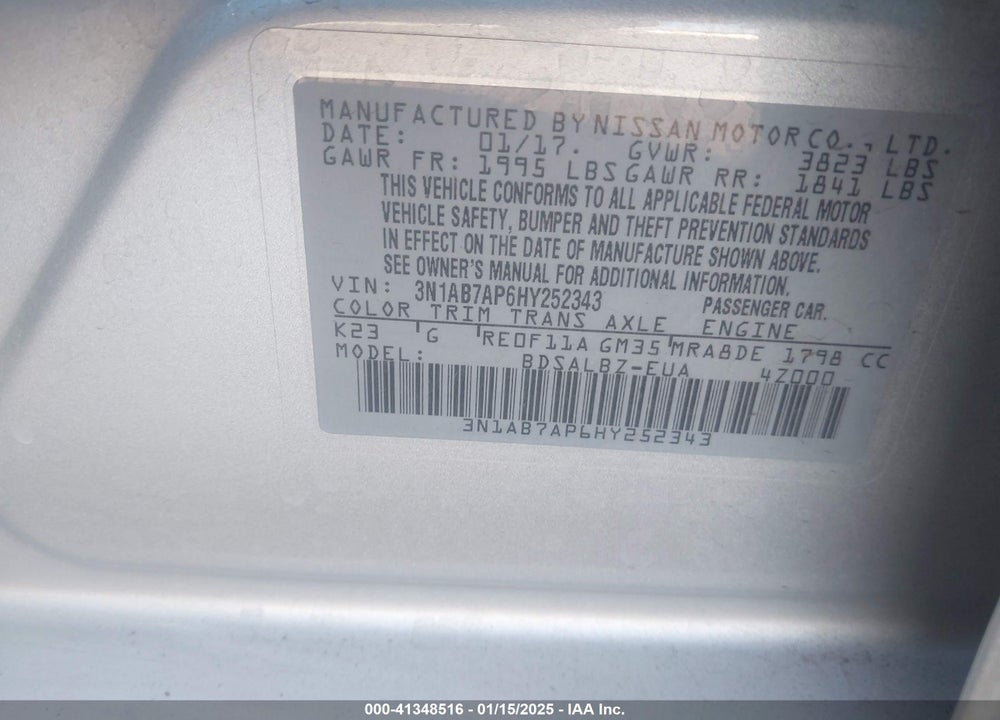 2017 NISSAN SENTRA S VIN: 3N1AB7AP6HY252343