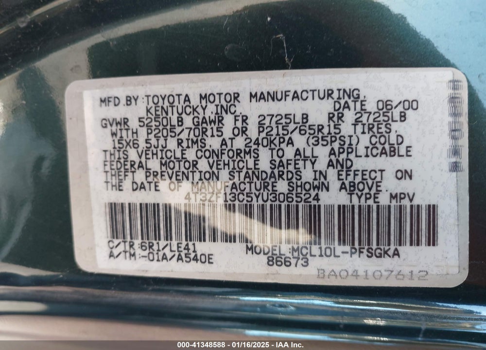 2000 TOYOTA SIENNA XLE VIN: 4T3ZF13C5YU306524