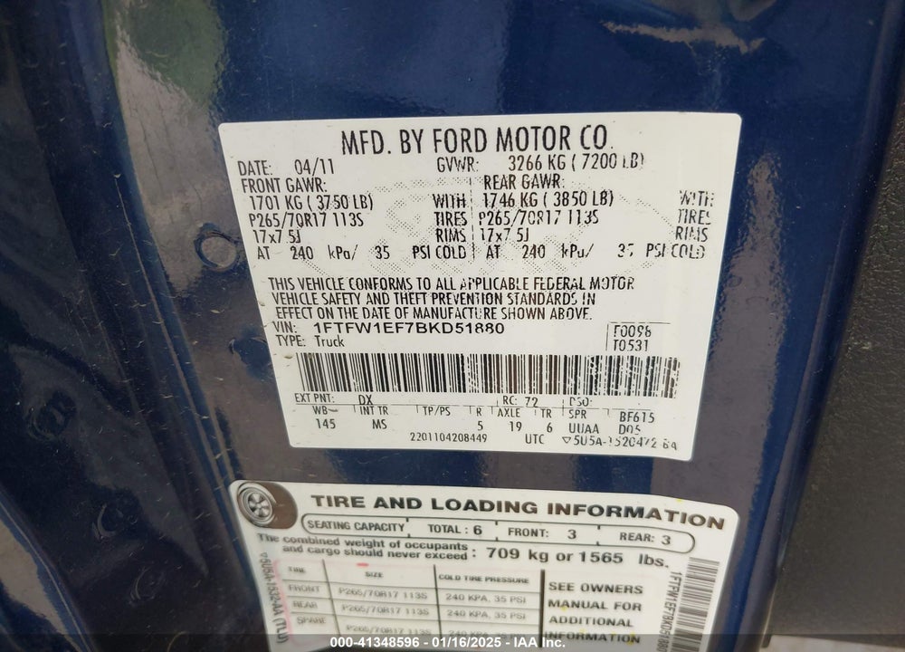 2011 FORD F-150 XLT VIN: 1FTFW1EF7BKD51880