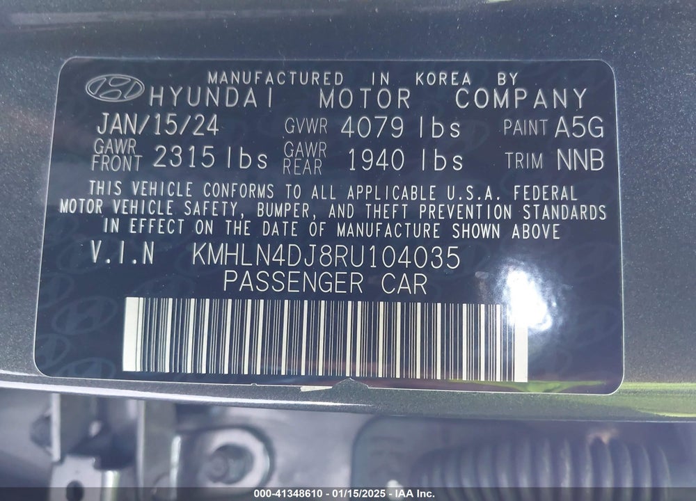 2024 HYUNDAI ELANTRA HYBRID LIMITED VIN: KMHLN4DJ8RU104035