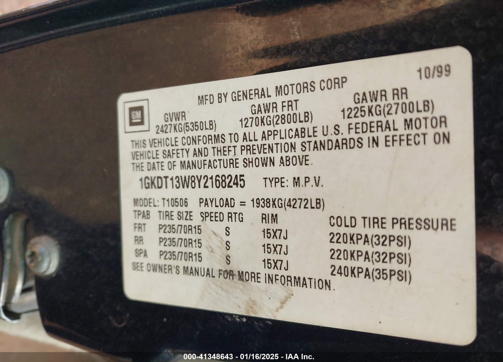 2000 GMC JIMMY SLE VIN: 1GKDT13W8Y2168245