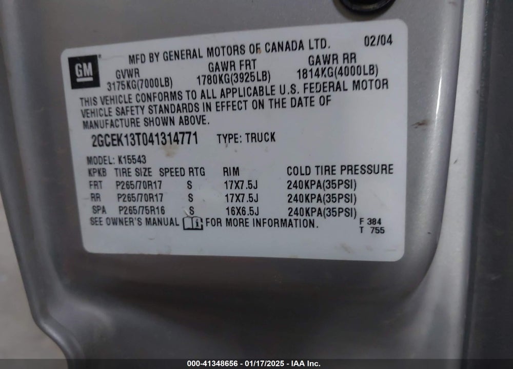 2004 CHEVROLET SILVERADO 1500 Z71 VIN: 2GCEK13T041314771