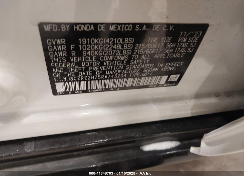 2024 HONDA HR-V VIN: 3CZRZ2H75RM743204