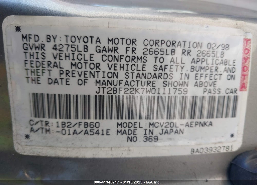 1998 TOYOTA CAMRY LE V6 VIN: JT2BF22K7W0111759