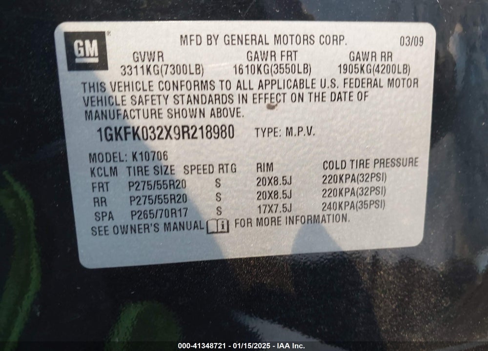 2009 GMC YUKON DENALI VIN: 1GKFK032X9R218980