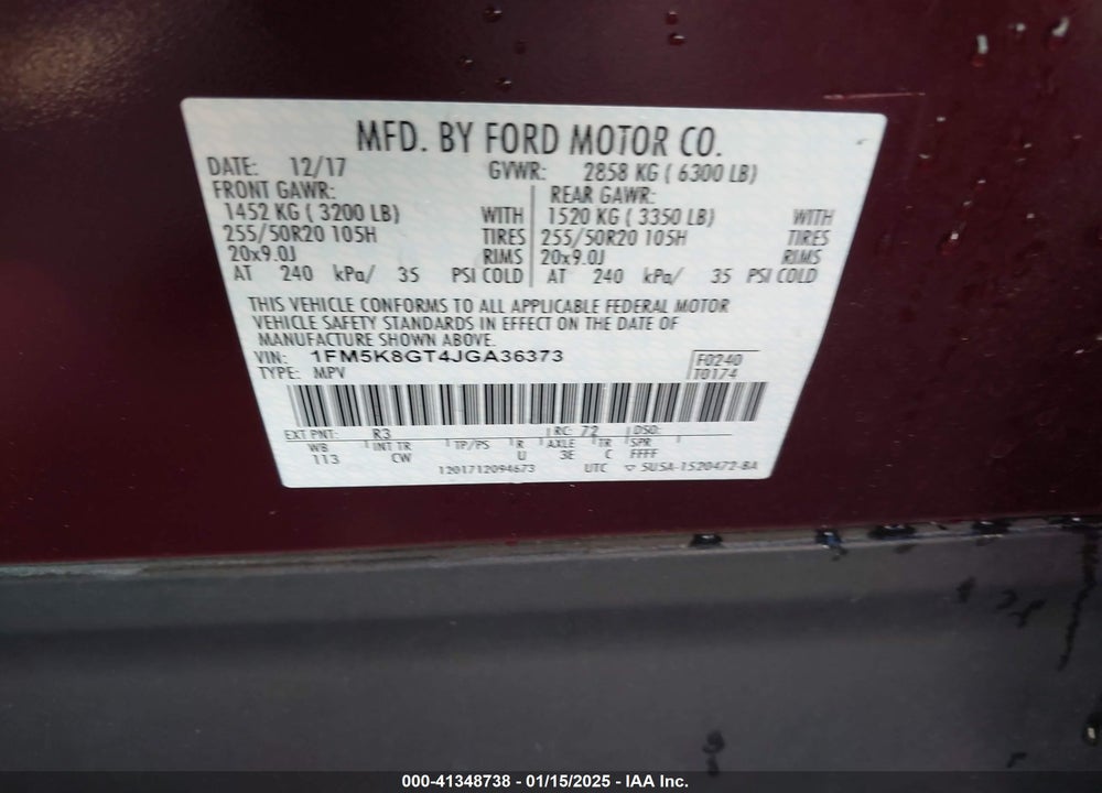 2018 FORD EXPLORER SPORT VIN: 1FM5K8GT4JGA36373