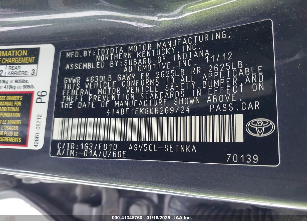 2012 TOYOTA CAMRY VIN: 4T4BF1FK8CR269724