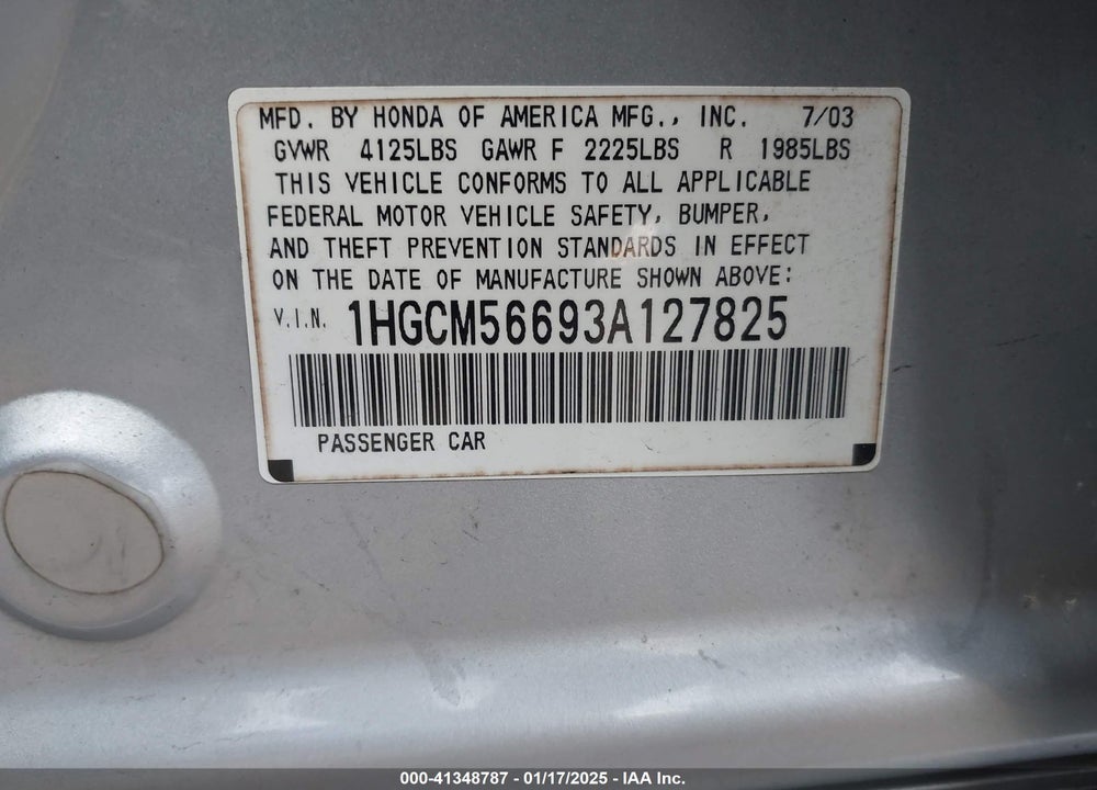 2003 HONDA ACCORD 2.4 EX VIN: 1HGCM56693A127825