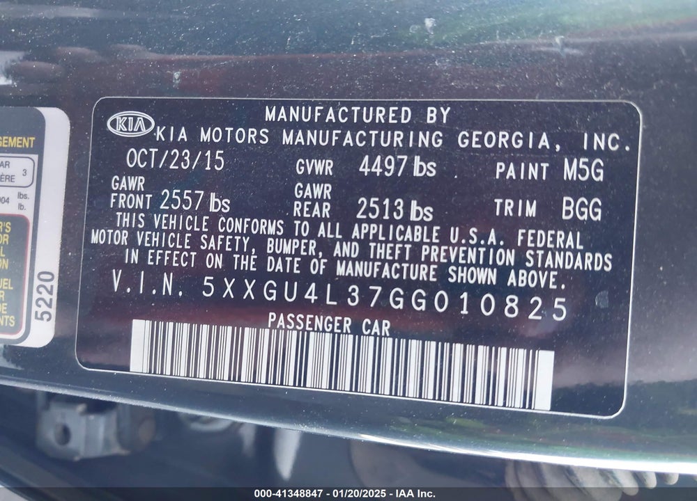 2016 KIA OPTIMA VIN: 5XXGU4L37GG010825