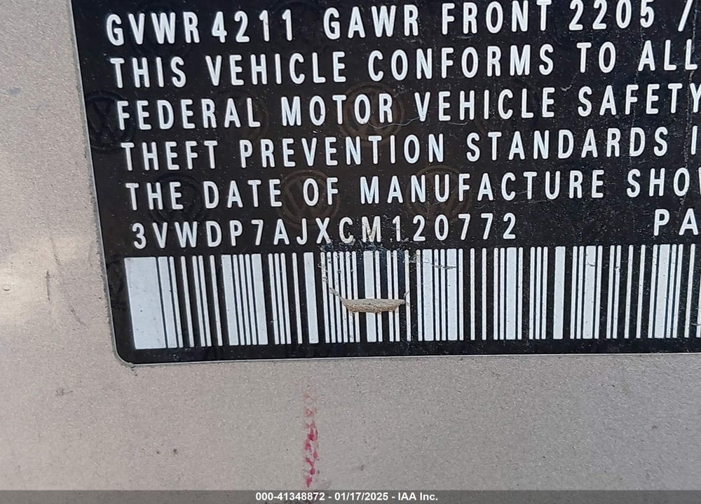 2012 VOLKSWAGEN JETTA VIN: 3VWDP7AJXCM120772