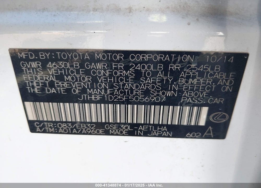 2015 LEXUS IS 250 CRAFTED LINE VIN: JTHBF1D25F5056907