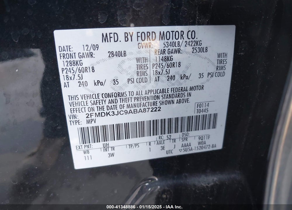 2010 FORD EDGE VIN: 2FMDK3JC9ABA87222