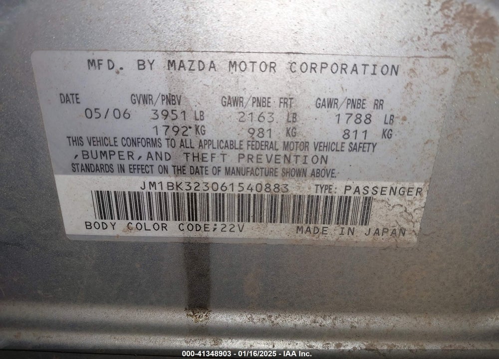 2006 MAZDA 3 S GRAND TOURING VIN: JM1BK323061540883