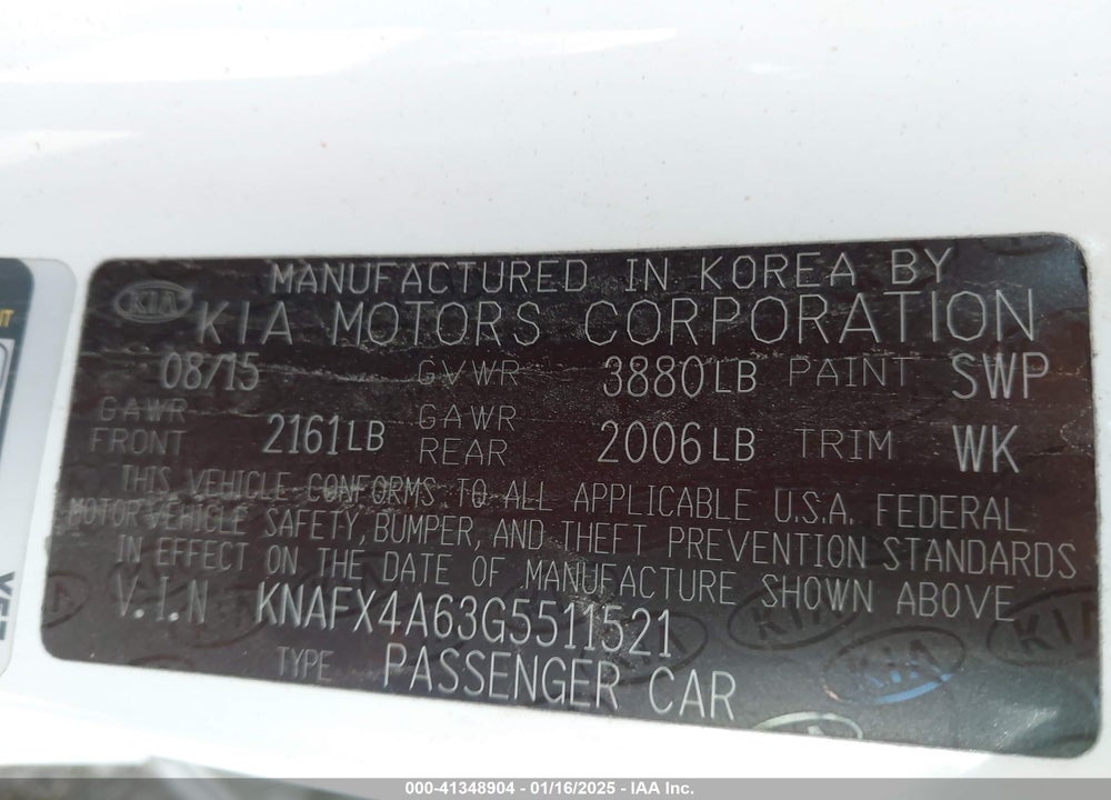 2016 KIA FORTE VIN: KNAFX4A63G5511521