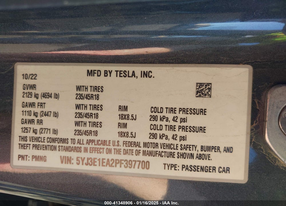 2023 TESLA MODEL 3 VIN: 5YJ3E1EA2PF397700
