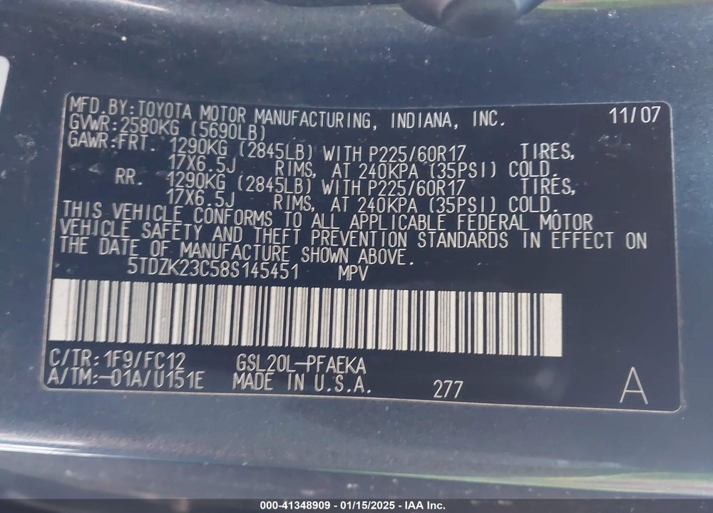 2008 TOYOTA SIENNA LE VIN: 5TDZK23C58S145451