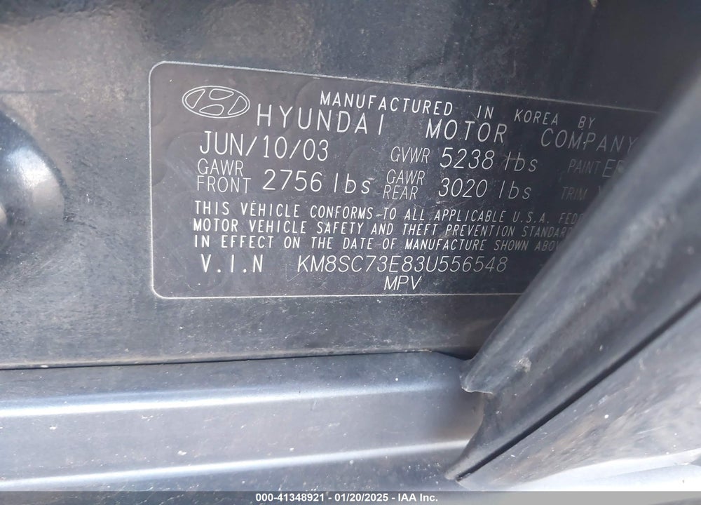 2003 HYUNDAI SANTA FE GLS/LX VIN: KM8SC73E83U556548