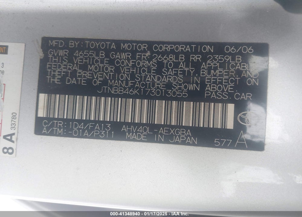 2007 TOYOTA CAMRY HYBRID VIN: JTNBB46K173013055